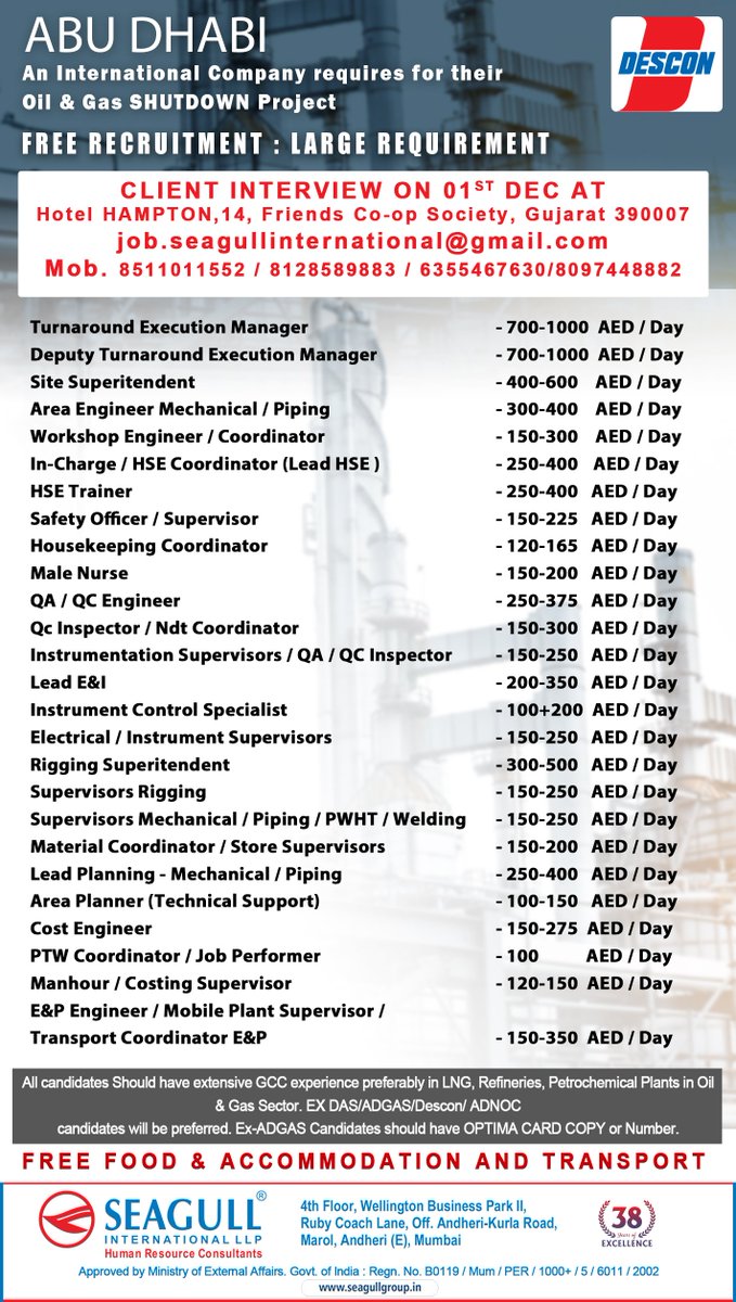 hrd1_seagull's tweet photo. •
🇦🇪Abu Dhabi Jobs 
‼️Free Recruitment - Large Requirement
✔️Shutdown Project 
📍Client Interview On 01st December In Gujarat
.

.

.
#abudhabijobs #seagull #gujaratjobs #sitesuperitendent #hsetrainer #safetyofficer #malenurse #riggingsuperitendent #areaplanner https://t.co/ehzQ3Jv9AE