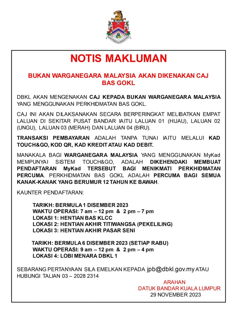 JaPenWPKL's tweet photo. ‼️WARGA ASING AKAN DIKENAKAN CAJ BAS GOKL
#GoKL #freebus #KualaLumpur #KLBandarUntukSemua #MalaysiaMADANI #DemiRakyat #DemiPertiwi #KLCeria #CMSWPKL https://t.co/lpxN4a7tAD