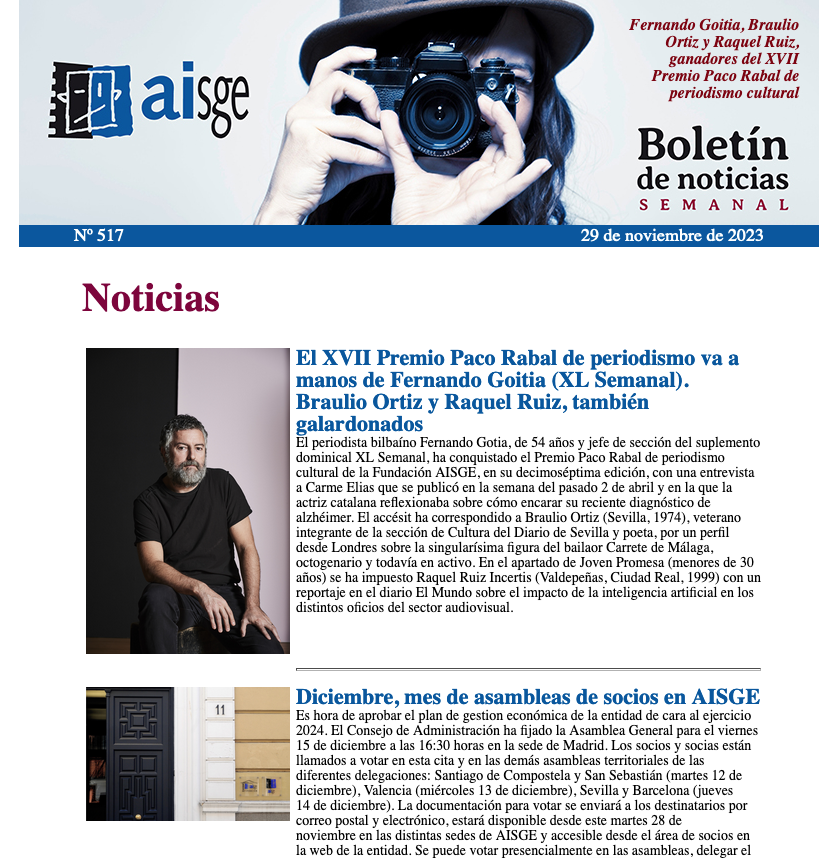 aisge's tweet photo. La de cosas que han cabido en este #BoletínSemanal: el #PremioPacoRabal, las asambleas de soci@s en diciembre, Alain Hernández, Úrsula Corberó, estrenos, libros, redes sociales... y un #VozEnON sobre la tiranía de las novedades. Mucho que leer y compartir

https://t.co/6KOJK1GeDg https://t.co/s44ozt76if