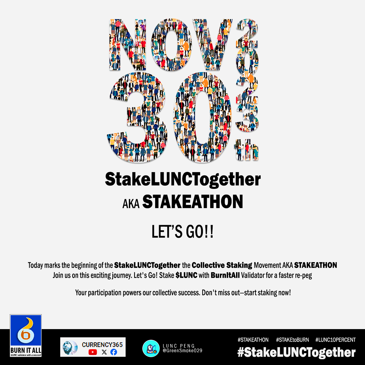 GreenSmoke029's tweet photo. ππToday, it begins! NOV 30th Staking Marathon is here.
Let's Go! Join #StakeLUNCTogether AKA #StakeAthon β Stake $LUNC with @LuncBurnItAll for a faster re-peg $USTC.
Your participation fuels our collective success!
#lunc10percent #staketoburn #LUNCArmy #LUNC #USTC https://t.co/5uPthHwVYa