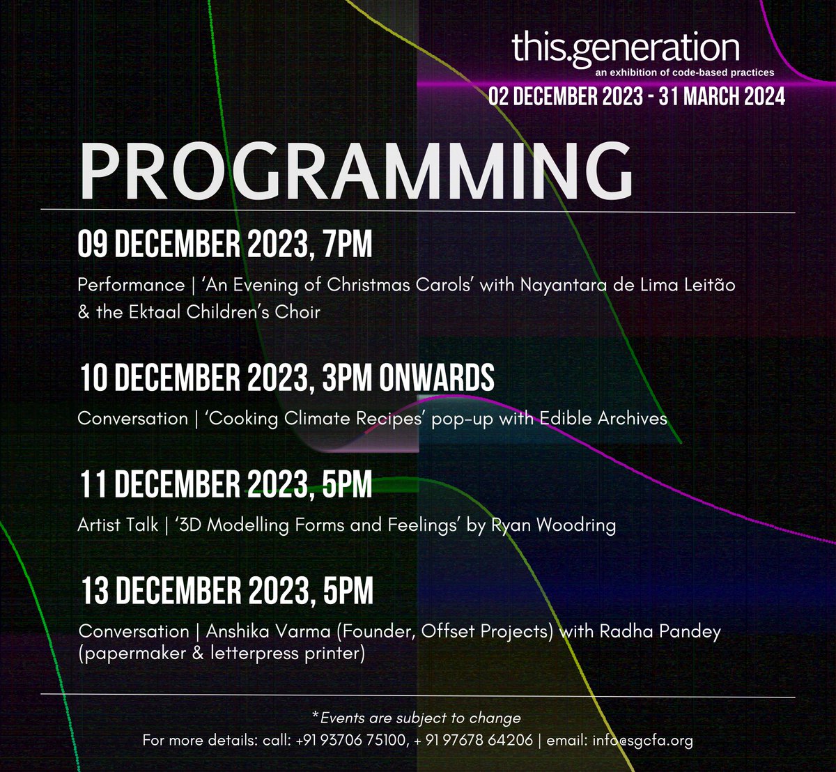 UPCOMING EVENTS AT SUNAPARANTA!

Join us for performances, conversations and readings as part of this.generation, an exhibition curated by Srinivas Mangipudi.

Block your dates today! Events are subject to change. The exhibition will remain open until 31 March 2024.