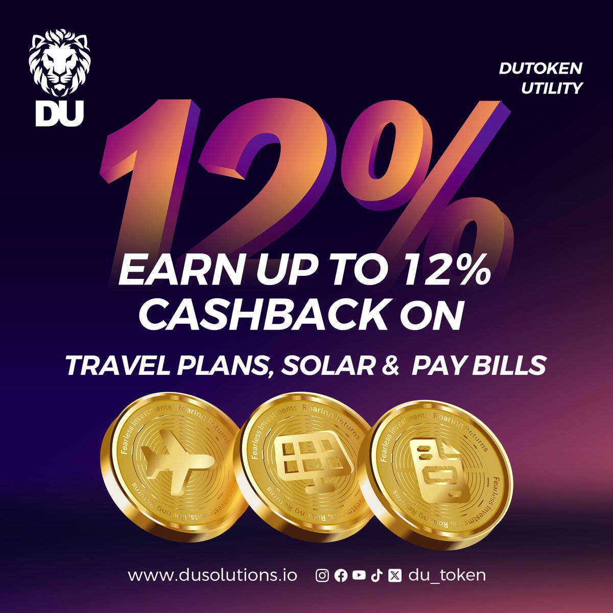 DuCoinnetwork's tweet photo. Earn up to 12% cashback on Travel Plans, Solar & Pay Bills! ▪️ https://t.co/urUsIiachd #DUtoken #AzbitExchange #Azbit #DUtokenLaunch #StayTuned #dutoken #du_token #crypto #blockchain #CryptoNews https://t.co/4x02NnkSMj