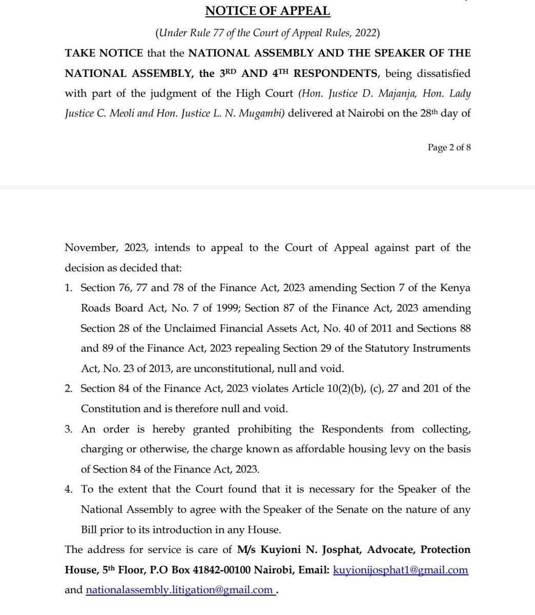 Okiya Omtatah Okoiti (@okiyaomtatah) on Twitter photo The <a href="/NAssemblyKE/">National Assembly KE</a> has issued a notice of appeal to the case against the #FinanceAct2023.
The High Court on Tuesday decreed that various sections including the one amending the Roads Act as well as the one on Housing Levy were null and void. The <a href="/NAssemblyKE/">National Assembly KE</a> has issued a notice of appeal to the case against the #FinanceAct2023.
The High Court on Tuesday decreed that various sections including the one amending the Roads Act as well as the one on Housing Levy were null and void.