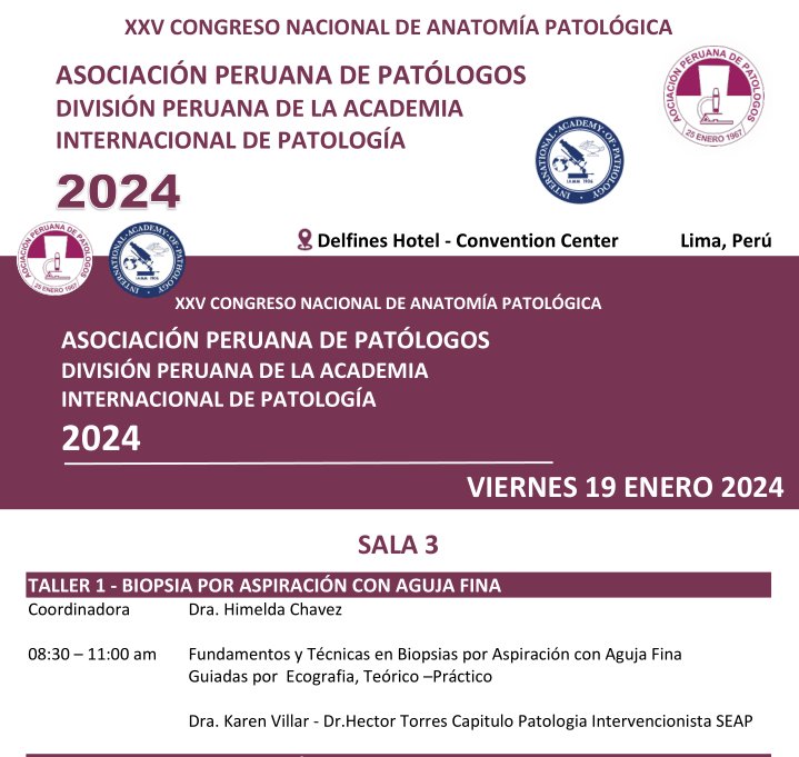 👉La participación del equipo de Patología Intervencionista en el XXV Congreso Peruano de Anatomía Patológica
🏥<a href="/KarenLVZ/">Karen VZ</a> Hospital Universitario del Henares
🏥<a href="/duckhuca/">Héctor-Enrique Torres-Rivas, MD</a> Hospital Universitario Central de Asturias <a href="/HUCA_Asturias/">@HUCA</a> 
📝Taller de PAAF/BAG ecoguiada💉
✈️Nos vemos en Lima