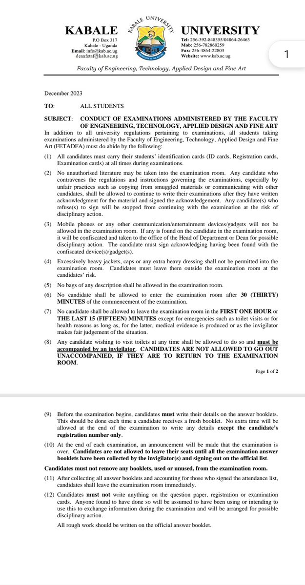 📌Examination Notice Herein is the CONDUCT OF EXAMINATIONS ADMINISTERED BY THE FACULTY OF ENGINEERING, TECHNOLOGY,APPLIED DESIGN AND FINE ART. Kindly analyse the Dos and Don'ts within this examination era. Success to you comrades