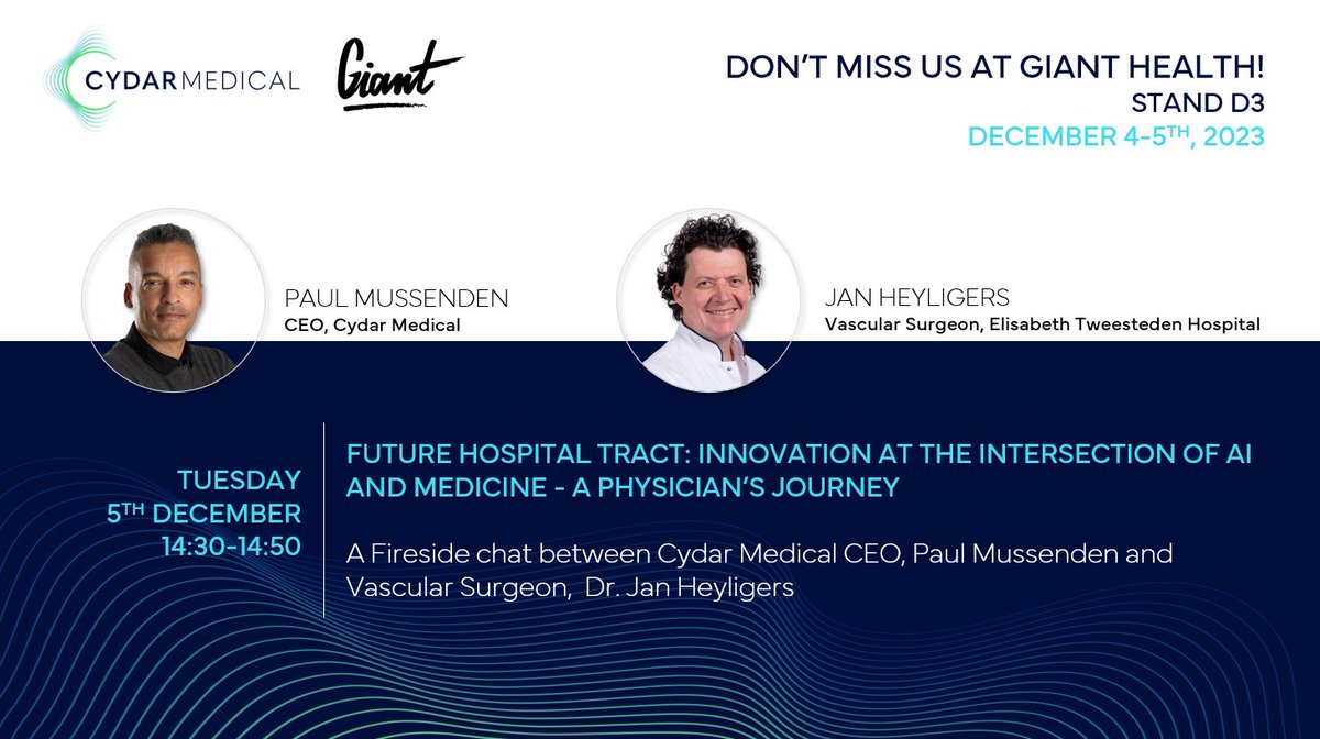 Only 3 days to go!  Join us for a must-attend session: INNOVATION AT THE INTERSECTION OF AI AND MEDICINE: A PHYSICIAN’S JOURNEY  December 5th 14:30-14:50 in the Future Hospital Tack at #gianthealth.  Don't forget to stop by and say hello to the team!
#innovation #ai