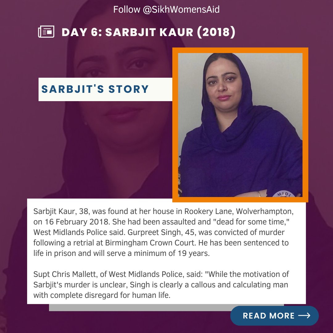 On Day 6 of #16DaysofActivism, we remember Sarbjit Kaur whose life was ended by her husband Gurpreet Singh. It was almost the perfect murder. To the world, Gurpreet Singh looked like a grieving husband

⚠️ TW: Murder, DV, homicide, Coercive Control 🧵⬇️