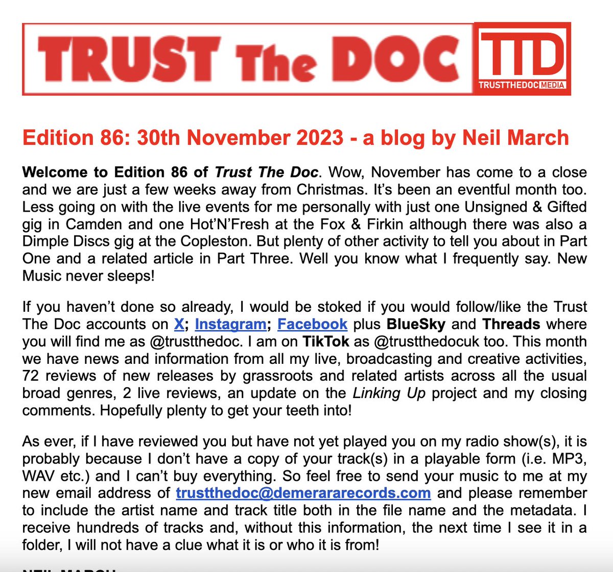 Ed 86 #TrustTheDoc published today ft: - news & info from around the live & associated scene - over 80 reviews of new tracks by grassroots artists - 2 live gig reviews - an update on an exciting project & more incl: @musicofsounduk @geereedmusic #Rusty #Louie @niawynmusic + ....