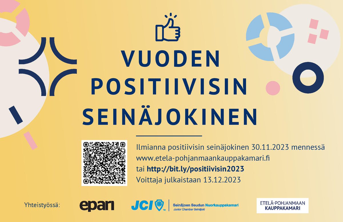 💫 Positiivisuus on voima, joka yhdistää ja innostaa! 🌟 Osallistu kampanjaan ja ilmianna TÄNÄÄN Seinäjoen iloisin ja positiivisin henkilö! 👏🏙️ Voittaja voi olla kuka tahansa, joka tuo hymyn muiden kasvoille. 💖etela-pohjanmaankauppakamari.fi/vaikuttaminen/…