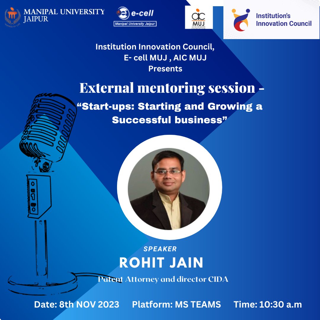 ecellmuj's tweet photo. IIC-MUJ, E-cell MUJ and AIC-MUJ organized a series of External Mentorship Sessions on November, 7 and 8,  2023.
Timing: 10:30 am - 1:30 pm and 2:30 pm - 5:30 pm (Both days) 
Platform: MS-TEAMS https://t.co/N4Pt5F3Fuh