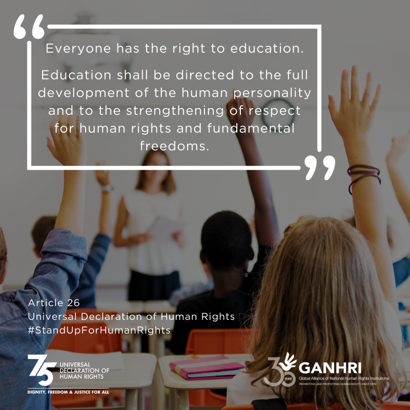 Ganhri1's tweet photo. Education is a fundamental human right that plays a crucial role in the exercise of all other #humanrights.
According to Article 26 of #UDHR75, every person is entitled to the right to education without any form of discrimination.
#PartnersForGood #HumanRights75 #EducationForAll https://t.co/bbQeQcAuOL