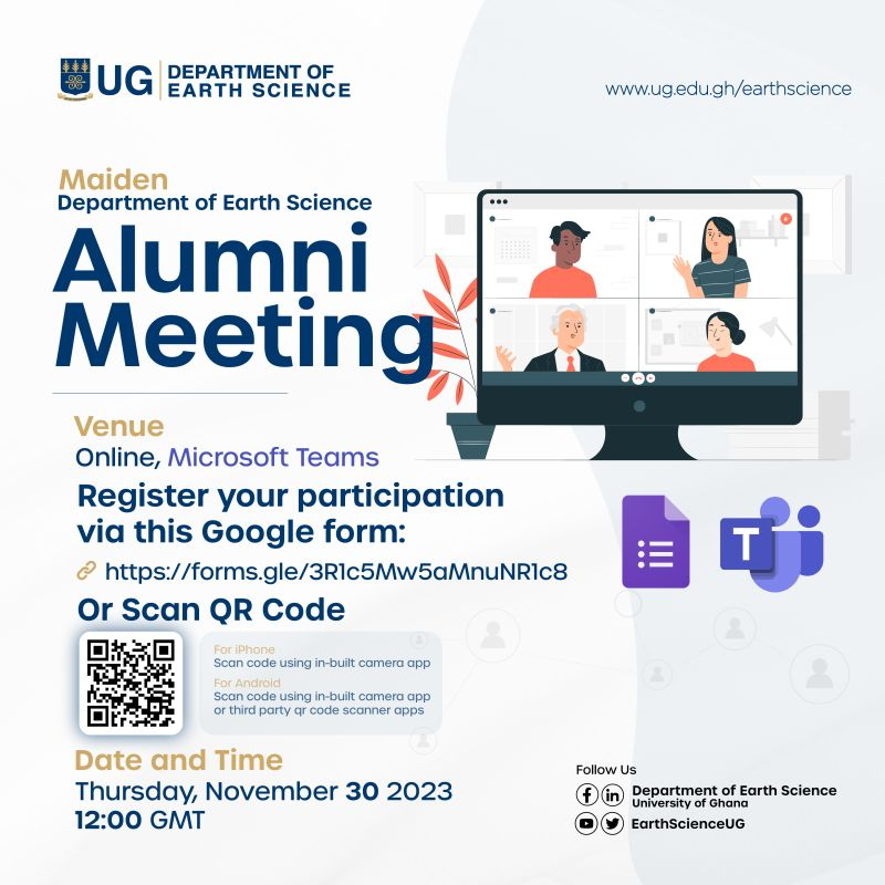 It's happening today via Microsoft Teams!

The Department of Earth Science, University of Ghana is inviting all Alumna and Alumnus to the Maiden Alumni Meeting.

Tap on the link or paste it in a browser to join the Meeting.
|| rb.gy/jp4s74

#EarthScienceUG #DESAlumni23