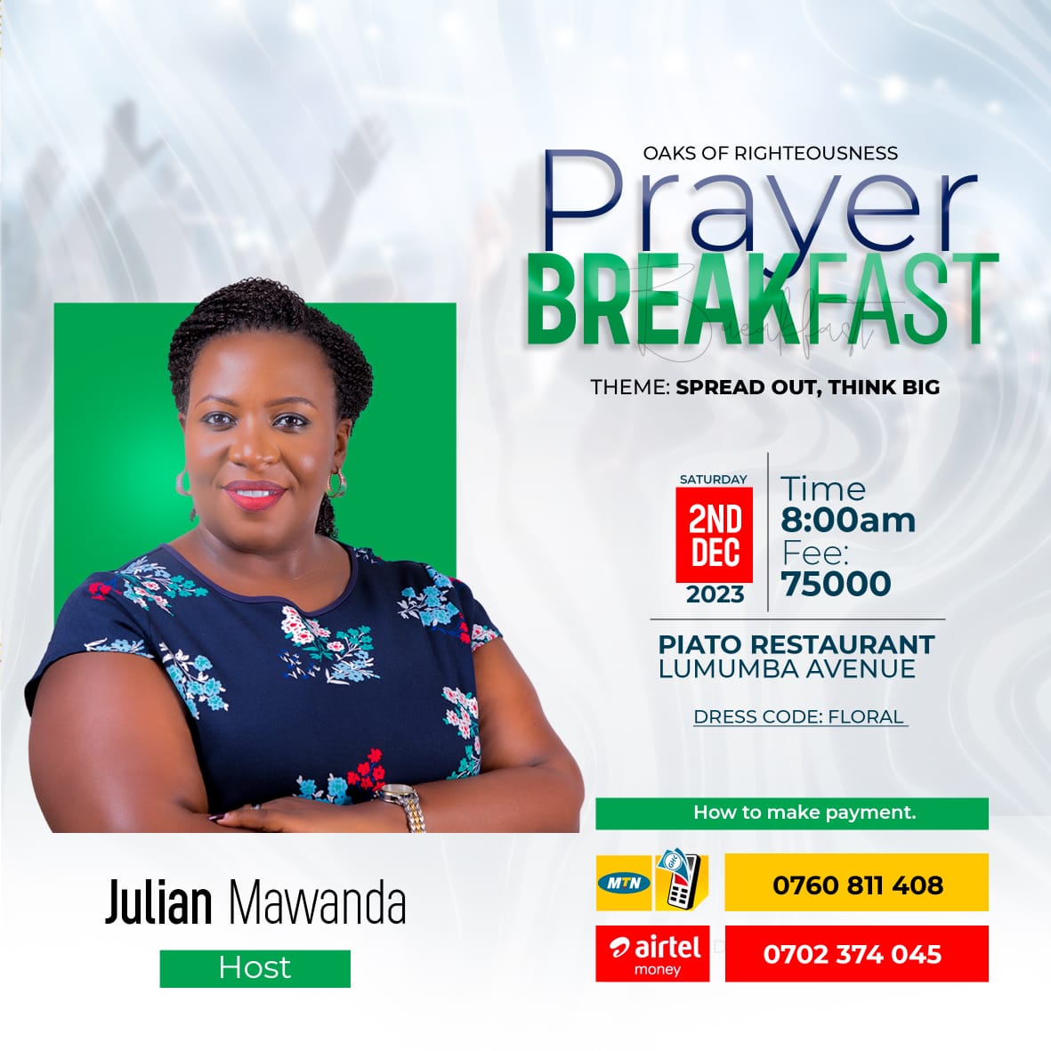 amw_Julian's tweet photo. Tomorrow is the dayโผ
Can't wait to create new memories with you at PIATO Restaurant, Saturday, December 2nd, 8:00 AM.
Are you ready for inspiration?
#JulianMawanda #TomorrowIsTheDay #OaksOfRighteousness https://t.co/HufOE3tWFX
