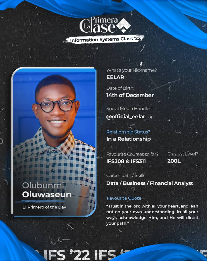 Ifsclass22's tweet image. Meet the El Primero for the day
EELAR, Data analyst 
He's a Sagittarius ♐

A tech guru and generalist in the world of tech. Emmanuel is a wonderful personality, ever ready to help and always ready to learn

Wishing you the very best ✨
#ClassInvicta #fybweek