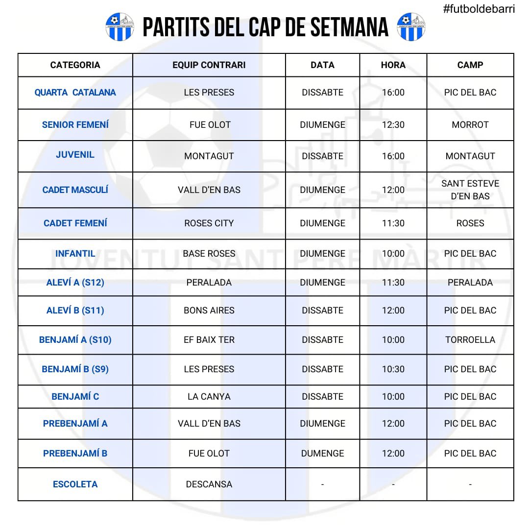 HORARIS⏰

Aquests son els partits dels nostres equips per aquest cap de setmana! 
Molta sort a tots i totes!💪🏻💙

#sempresantpere #futboldebarri #somblaus 
🔵⚪️🔵⚪️🔵