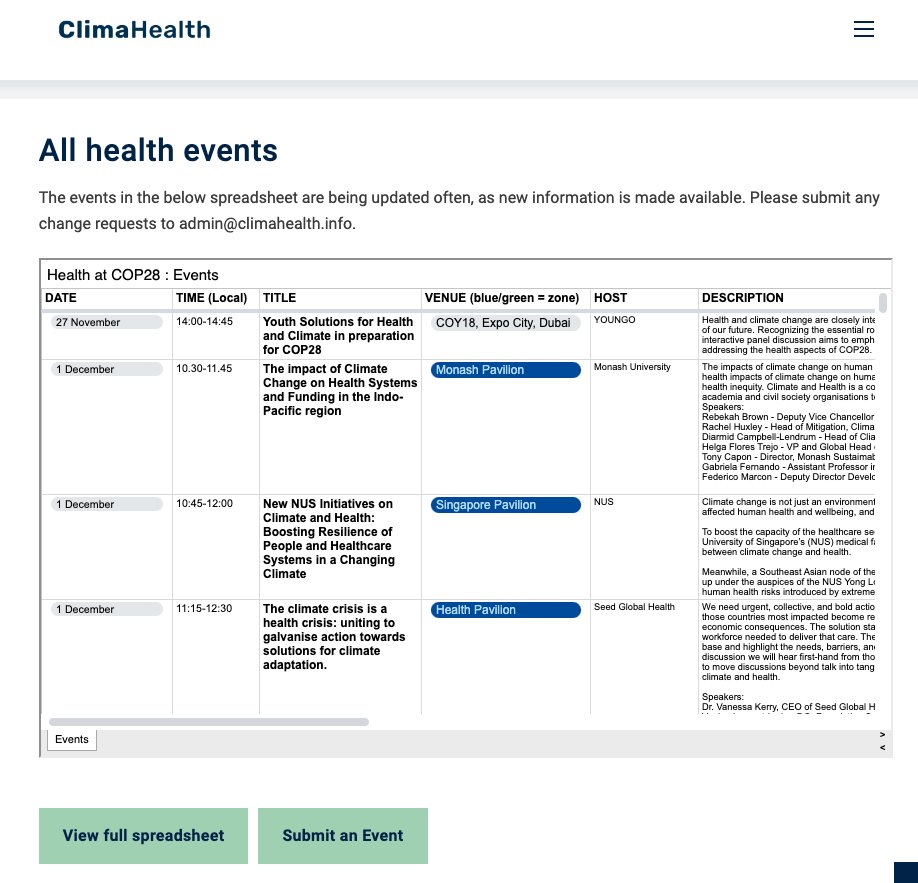 Did you know @climahealth has an overview with all climate-health events happening during #COP28?👀 Find out more ➡️climahealth.info/cop28-hub & submit✉️ your events to admin@climahealth.info😍