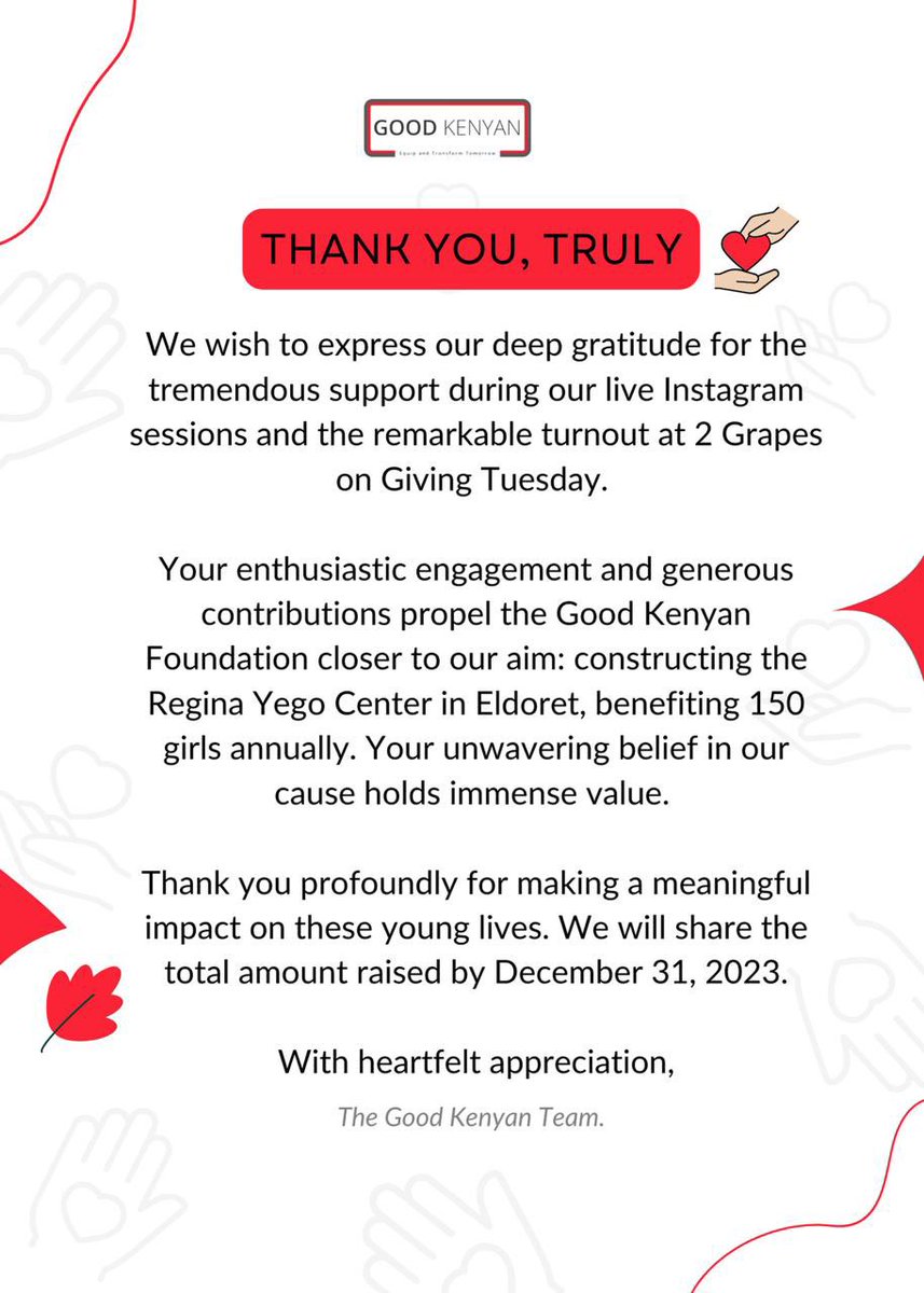 Thank you for demonstrating the strength of community this past #GivingTuesday. Your support truly embodies our motto: 'it takes a village.'BWe will disclose the total amount you helped us raise by December 31, 2023. The #GoodKenyan Team  #giveordare #givingtuesdayKe #goodkenyan