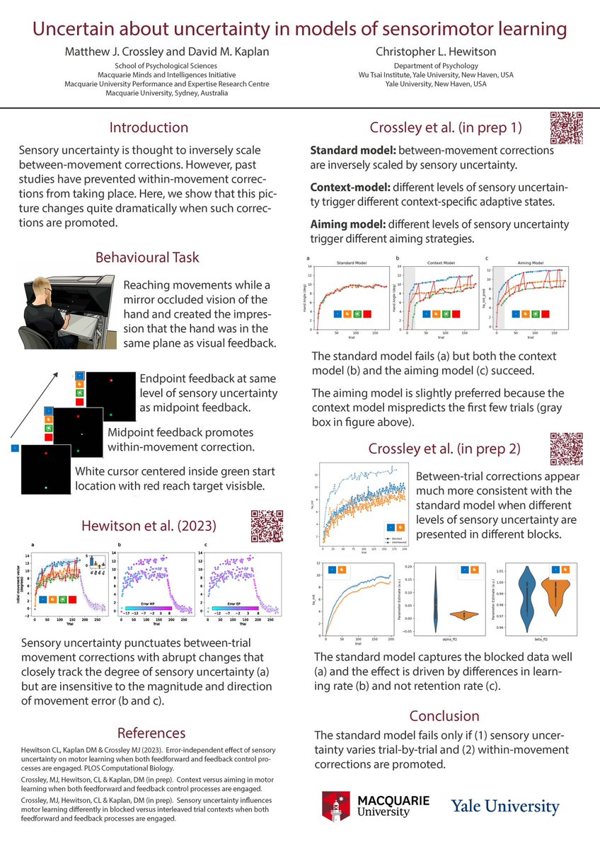 David M Kaplan (@davidmkaplanx) on Twitter photo It was fun presenting today at ACNS 2023 on sensorimotor learning under uncertainty with collaborator Dr Matt Crossley. Tag team effort for those who came by our poster. Use the QR codes to read some new preprints. #ACNS <a href="/mqcogbrain/">MQ Cognitive and Brain Sciences</a> <a href="/PsyMQ/">PSYCHSCIENCES@MQ</a> It was fun presenting today at ACNS 2023 on sensorimotor learning under uncertainty with collaborator Dr Matt Crossley. Tag team effort for those who came by our poster. Use the QR codes to read some new preprints. #ACNS <a href="/mqcogbrain/">MQ Cognitive and Brain Sciences</a> <a href="/PsyMQ/">PSYCHSCIENCES@MQ</a>