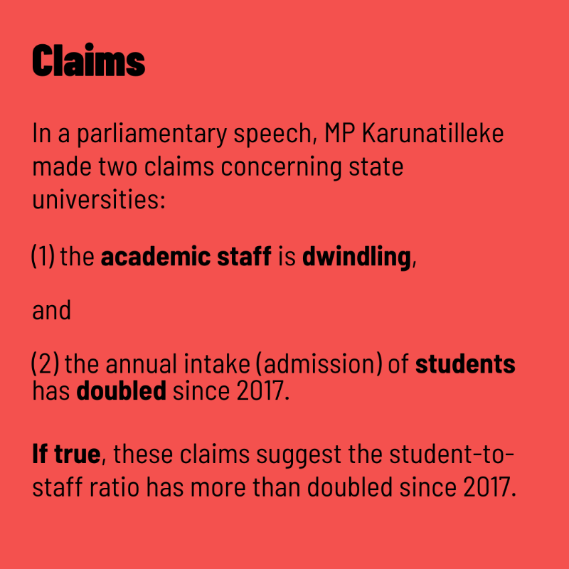 factchecklka's tweet photo. MP Gayantha Karunatilleke claimed in parliament that the academic staff at state universities has dwindled while student intake has doubled. Is he correct?
Swipe to find out.
Read the full fact-check: https://t.co/nAndW1sEGX
#FactChecklk
