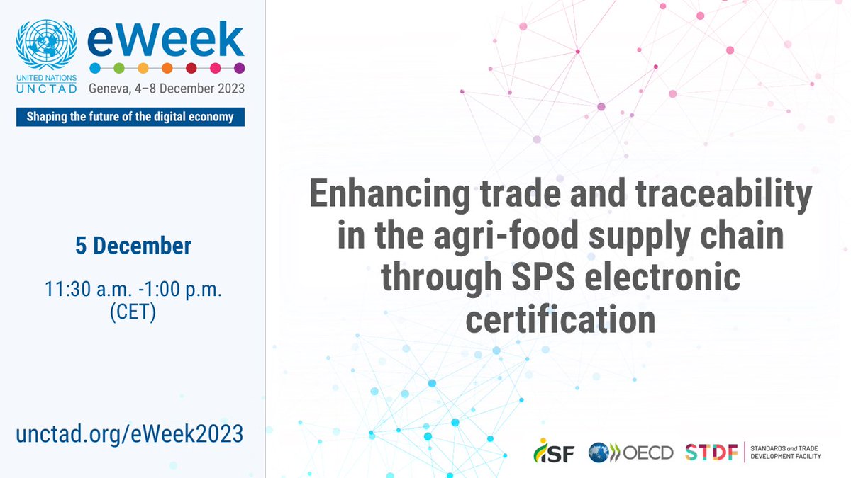 Join the #STDF at #UNCTADeWeek for a discussion on trade and traceability in the agri-food supply chain and sanitary and phytosanitary electronic certification.

🗓️ Tuesday 5 December 
🕦 11:30 a.m-1:00 p.m. (CET)

Register here ➡️ bit.ly/3GhqWpw