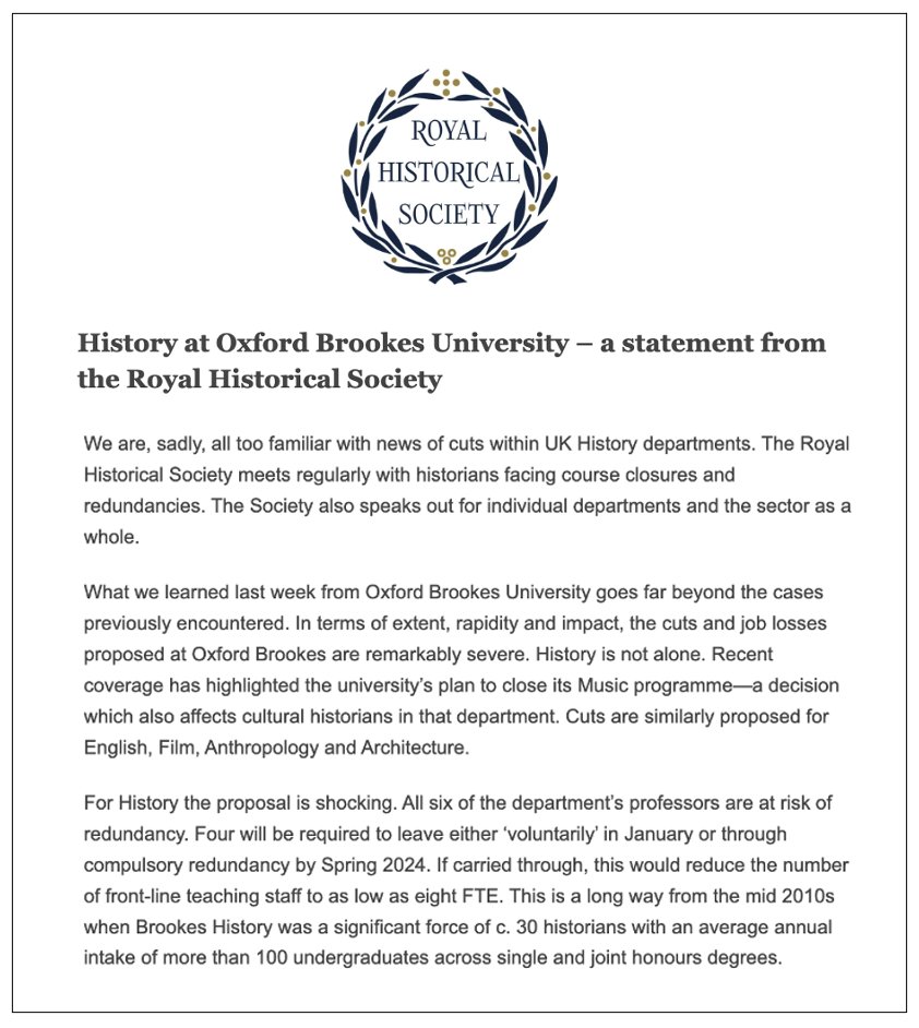 .@RoyalHistSoc has today issued a statement on the proposed cuts and closures @oxfordbrookes in #History & other depts bit.ly/40YVjut These cuts are extensive. They risk the future of staff students, and the very research culture for which Brookes historians are known.