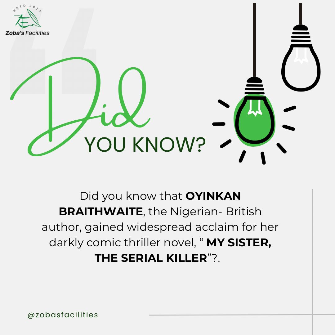 This debut work has been celebrated for its unique and engaging narrative. 

@oyinbraithwaite 

#oyinkanbraithwaite #nigerianauthor #mysistertheserialkiller #zobasfacilities