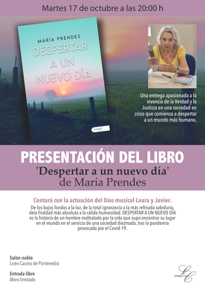 Avanteditorial's tweet photo. En octubre pasado se realizó la presentación de la obra DESPERTAR A UN NUEVO DÍA de nuestra escritora, María Prendes
El evento tuvo lugar en el Liceo Casino de Pontevedra y contó con la participación del dúo musical Laura y Javi.
¡Enhorabuena María!
#queleer
#novedades2023 https://t.co/QZ6Zqvmd25