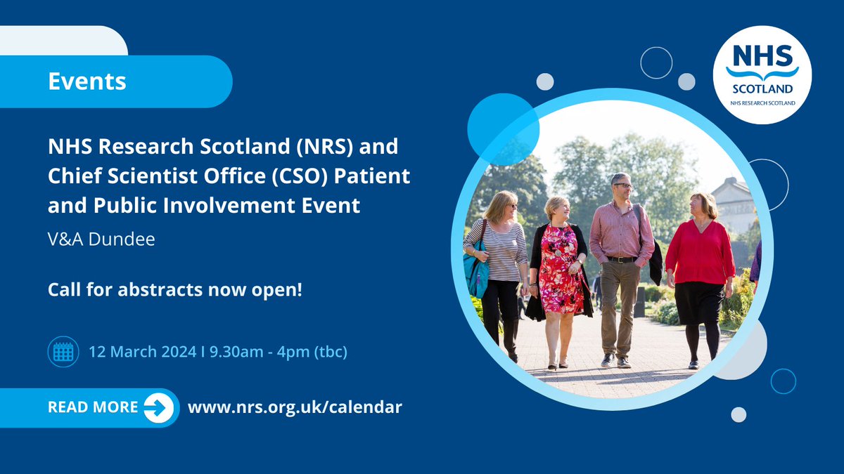 NHS Research Scotland and @CSO_Scotland are hosting an event bringing together Patient and Public Involvement (PPI) partners to share, shape and celebrate PPI happening in research across Scotland. Abstract submissions for proposed talks are now open 👉 nhsresearchscotland.org.uk/calendar/nhs-r…