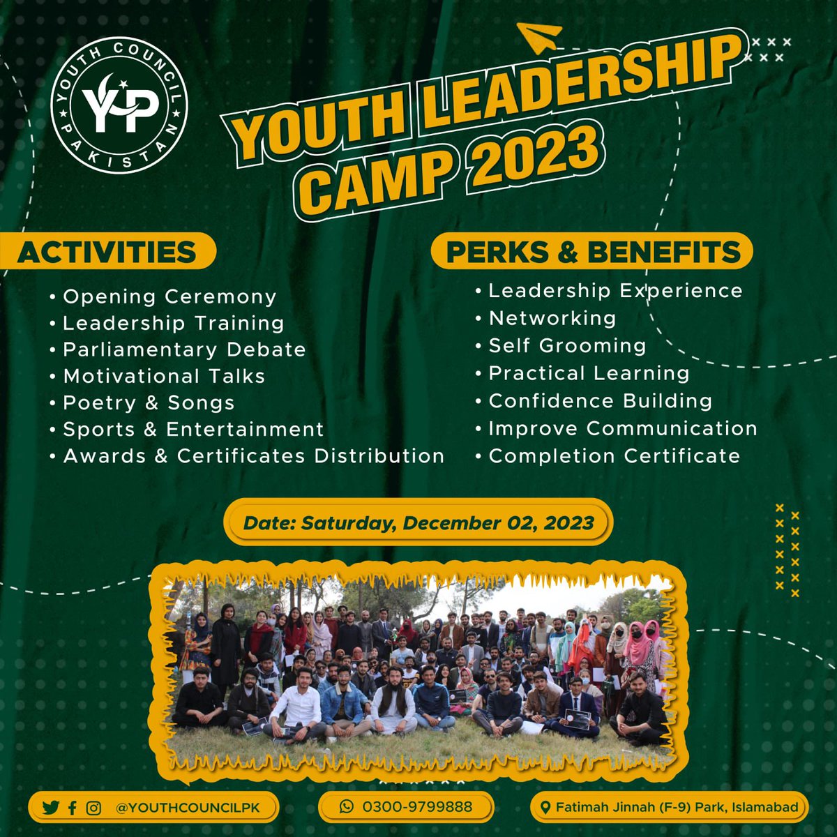 YOUTH LEADERSHIP CAMP 2023

YCPians the wait is over! A dynamic, knowledgeable and full of fun leadership camp is ahead. To skip YLC is to loss the great experience of the year! So register yourself right now.
@MShehzadKhanPK 
@YouthCouncilPK