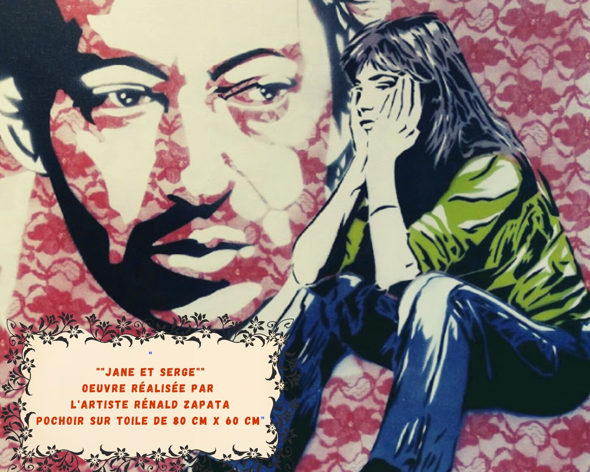 "JANE et SERGE" pochoir sur toile 80 cm X 60 cm représentant Jane Birkin et Serge Gainsbourg. 
offert pour notre vente par le talentueux <a href="/zapata_painter/">Rénald ZAPATA</a>   🌟
à retrouver ici :
drouot.com/fr/l/23669486-…