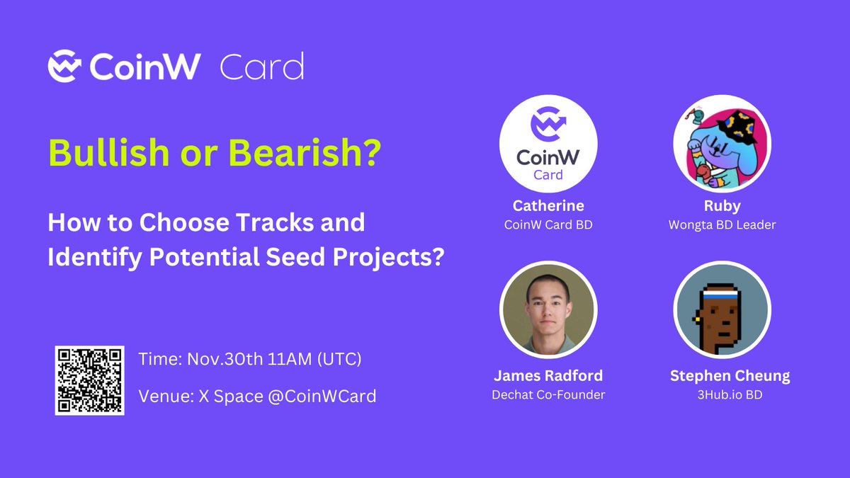 Panel: Bullish or Bearish? How to Choose Tracks and Identify Potential Seed Projects?

⏰Nov.30 th 11 AM UTC

🎁 $10 Future Bonus *10
• Follow <a href="/CoinWCard/">CoinW Card</a> x <a href="/wongta_nft/">Wongta</a>  x <a href="/dechat_io/">Dechat</a> x @3hub_io 
• Like &amp; RT
• Join the Space👇
x.com/i/spaces/1djGX…

#Giveaway #SocialFi #BTC