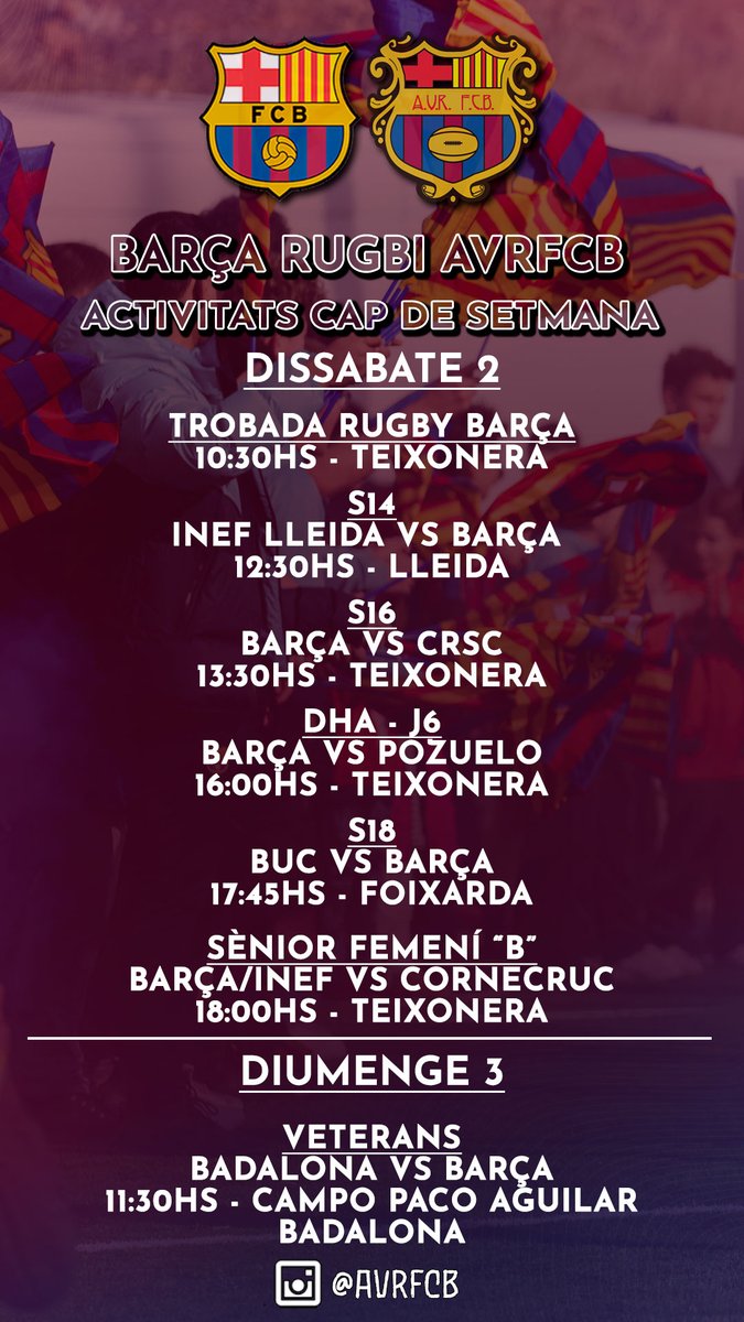 Competició per el cap de setmana.
@ferugby
@DHFerugby
@rugby_cat
@crcpozuelorugby
@InefLleidaRugby
@RugbyBadalona
@rugbysantcugat
@_CRUC_
@buc1929
@cornellacr
@FCBarcelona
@BarcaAmateurs
@fcbseccionsfem
#rugbybarçafemeni
#ADNBARÇARUGBY
#culers 
#FCB 
#Barcelona 
#BARÇARUGBY1924