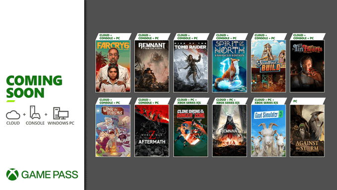 Far Cry 6, Remnant: From the Ashes, Rise of the Tomb Raider, Spirit of the North, SteamWorld Build, Tin Hearts, While the Iron's Hot, World War Z: Aftermath, Clone Drone in the Danger Zone, Remnant II, Goat Simulator 3, and Against the Storm are coming soon to Xbox Game Pass.