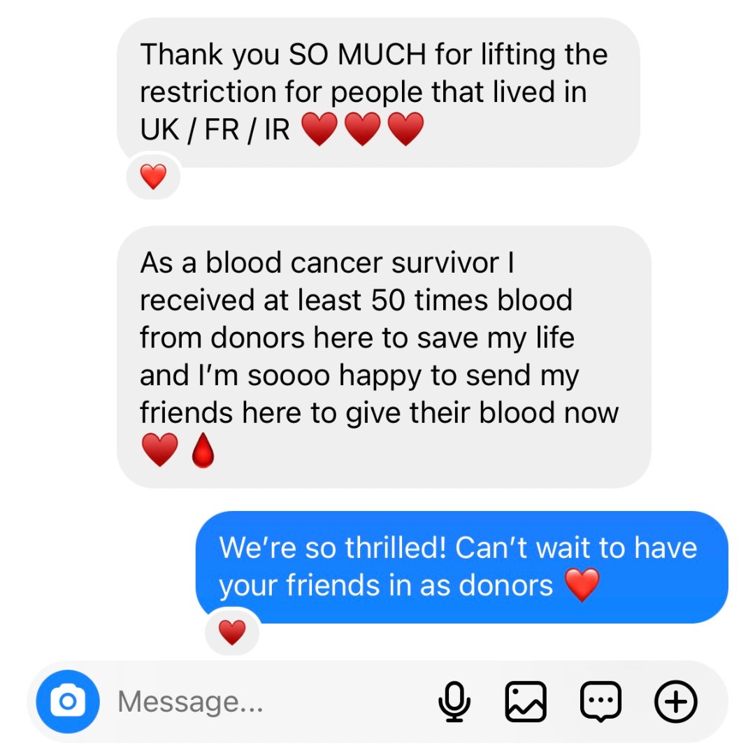 In case you missed it, as of December 4th, people who lived or spent time in the United Kingdom, Ireland or France in the 80s and 90s can now donate blood and plasma! 

We are thrilled to begin welcoming new donors next week! 
 
Visit ow.ly/Xc2j50QcTVl for more information.