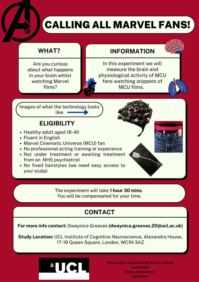 NEW EXPERIMENT ALERT 🚨🦸🏾‍♀️
If you’re a London based @MarvelStudios fan and would like to have your brain activity measured, email or dm me for more information  
#Marvel #MarvelStudios #MarvelFans #MarvelFilms #BrainImaging #Neuroaesthetics #SocialCognition #AcademicChatter