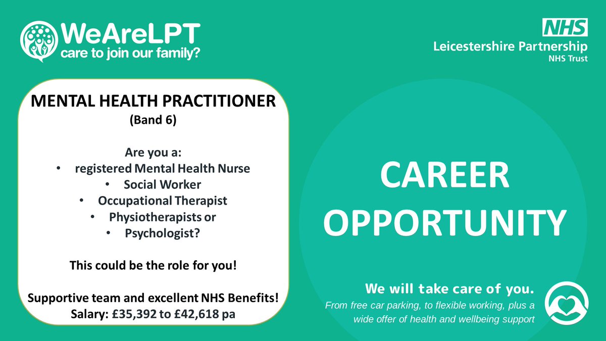 We have a fantastic opportunity as a band 6 Mental Health Practitioner based within the Mental Health Urgent Care Hub (MHUCH) at Glenfield Hospital!

Click here for more details and to apply:
jobs.nhs.uk/candidate/joba…

#NHSJobs #MentalHealthNurses #MentalHealthjobs