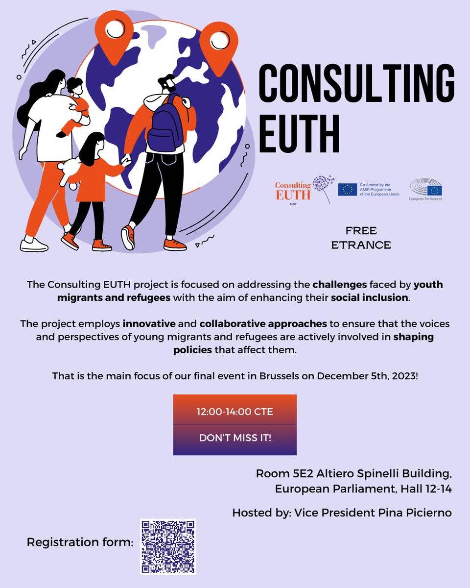 ConsultingEuth's tweet photo. Explore innovative approaches for the social inclusion of youth migrants and refugees. Be part of the conversation on co-designing policies at both local and European levels.

Watch online: https://t.co/vIb58YGcDb
ID: 882 0949 7609
Code: 952303

#ConsultingEuth #amifproject https://t.co/4HW8HiQLe7