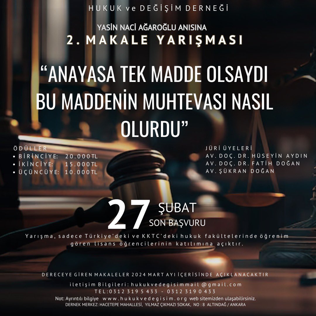 Hukuk ve Değişim Derneğimiz tarafından Şehit Yasin Naci Ağaroğlu anısına düzenlenmiş olan 2. makale yarışmasına hukuk fakültesi lisans öğrencilerimizin katılımlarını bekliyoruz. 

Katılım şartları aşağıdaki linkte belirtilmiştir. 
👇

hukukvedegisim.org/128-YASIN_NACI…