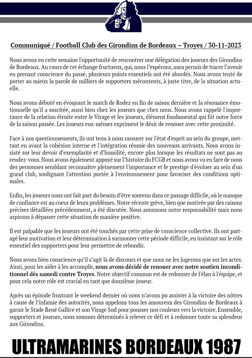 [Communiqué] FCGB - Troyes / 30.11.2023