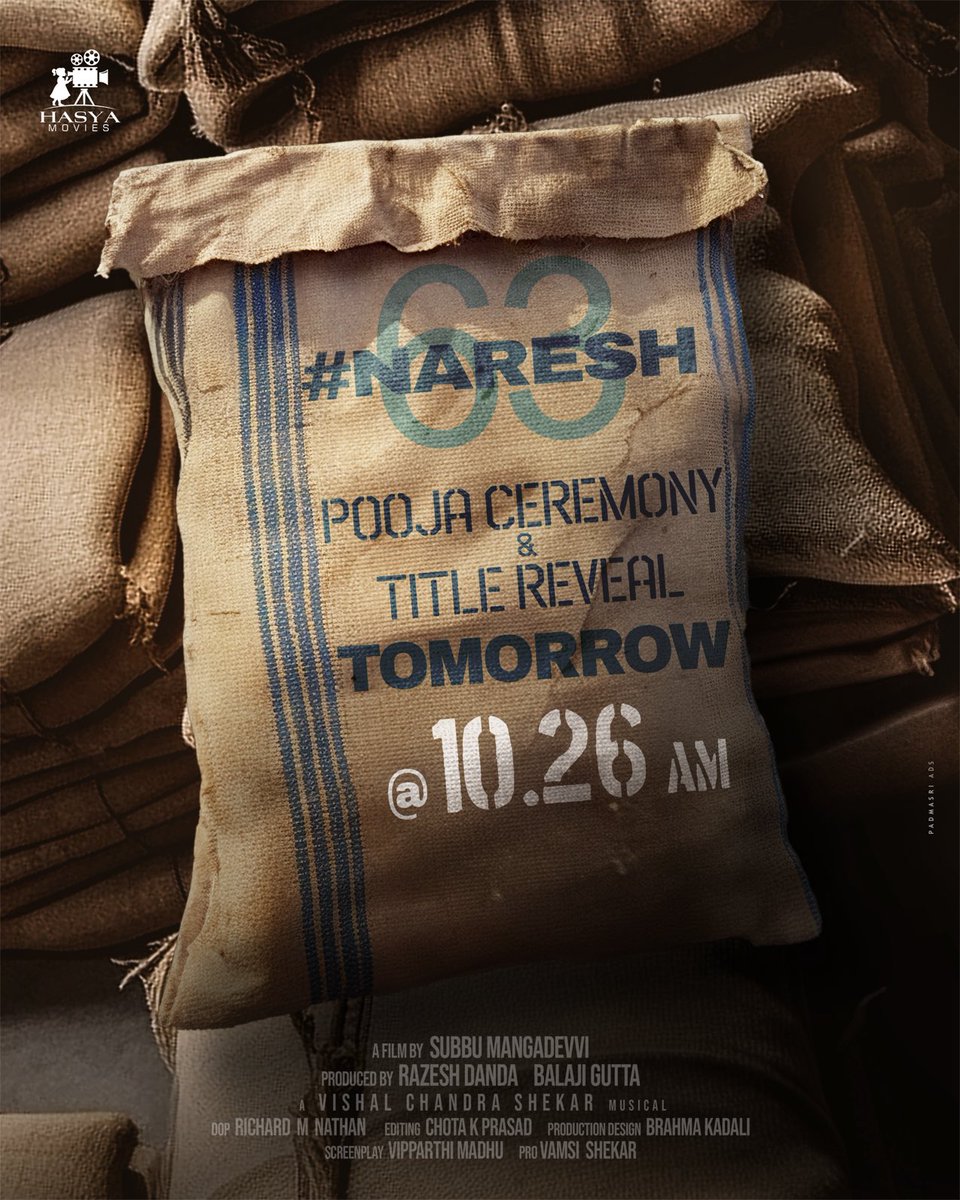 Production No 4 of ⁦@HasyaMovies⁩ with the supremely versatile ⁦⁦@allarinaresh⁩ is all set to take off tomorrow 🙏 Big day to cherish 💪 @RajeshDanda_ @_BalajiGutta @Composer_Vishal @ChotaKPrasad ⁦@brahmakadali⁩ ⁦@Richardmnathan⁩ #Naresh63