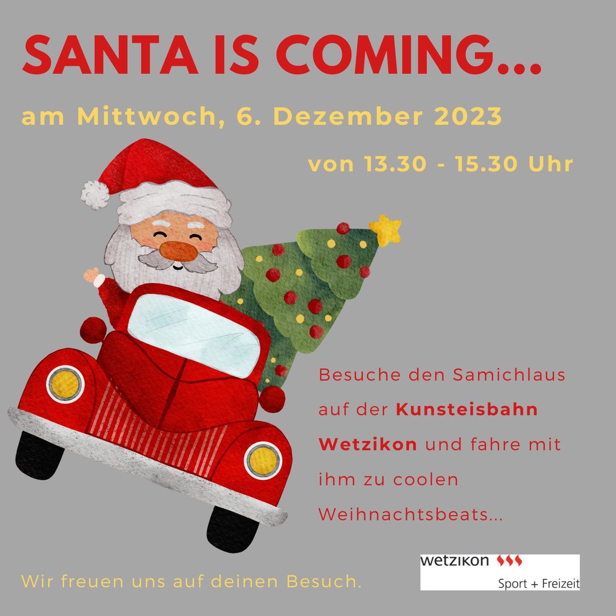 #Voranzeige
Am Mittwoch, 6. Dezember 2023, ist der #Samichlaus  von 13.30 - 15.30 Uhr auf der #Kunsteisbahn Wetzikon. 🎅❄️🎅

Fahre mit ihm zu coolen Weihnachtsbeats! ^me