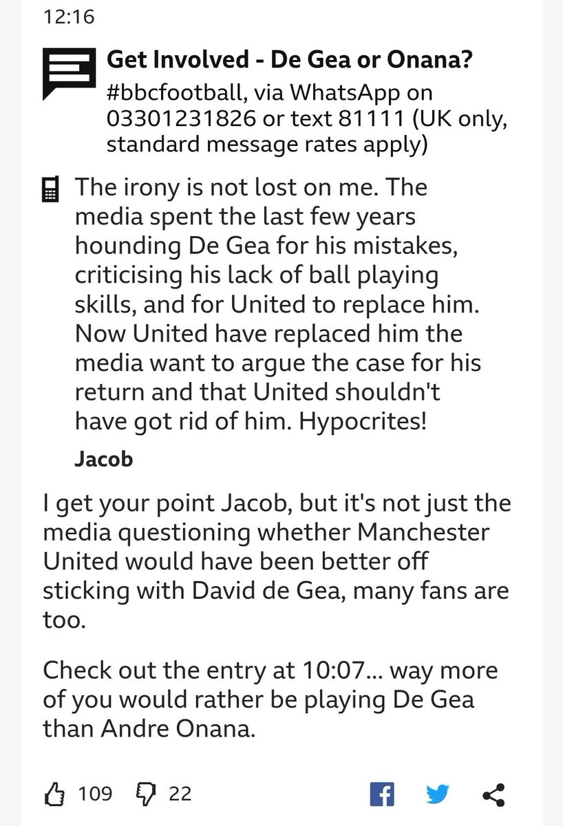 vwritenow's tweet photo. Get Involved - De Gea or Onana? https://t.co/VLYdT27KZt?
You are not getting the point @BBCSport #BBCFootball , fans never wanted DDG out. https://t.co/QztxfzRcL4