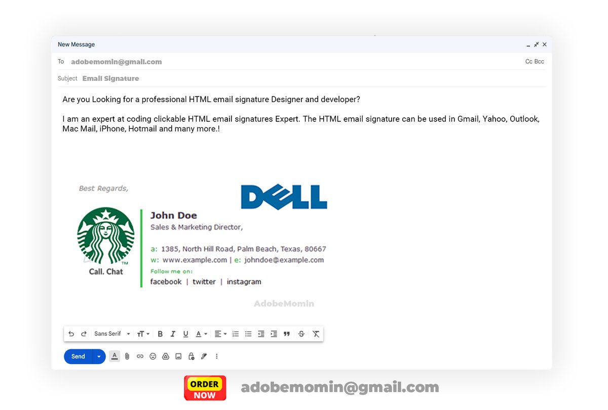 EmailSignature0's tweet image. Are you looking for a Clickable Html Email Signature?
Order with full Satisfaction Here!
I have been coding and designing HTML Email Signatures for the past5 + Years. I can promise that you will get the best results from me. #emailsignaturehtml
#htmlemailsignature
#htmlsignature