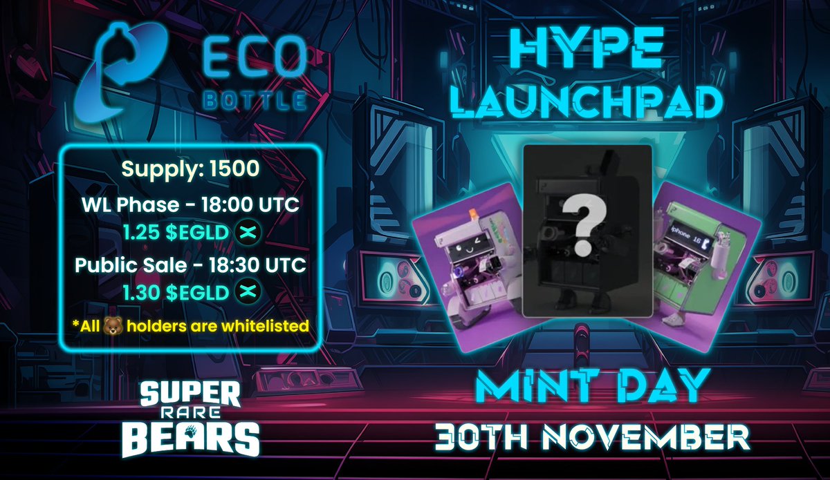 SuperRare_Bears's tweet photo. #MultiversX community. Today is mint day for @ecobottlero ♻️

And guess what?

🐻Superrarebears holders/stakers all have WL & a discount for the mint 🥳

https://t.co/rrsq511g2X

@PulsarTransfer send 100 RARE to 100 reactions 

NFT supply 1500
💰Price 
WL 1.25 #EGLD 
Public Sale 1.3 #EGLD 

⏰WL 18.00 UTC
Public Mint 18.30 UTC

🏠https://t.co/rrsq511g2X

As always, we encourage everyone to do their own research & this doesn't constitute financial advice

Happy Minting! 

#mint #recycle2earn #launchpad