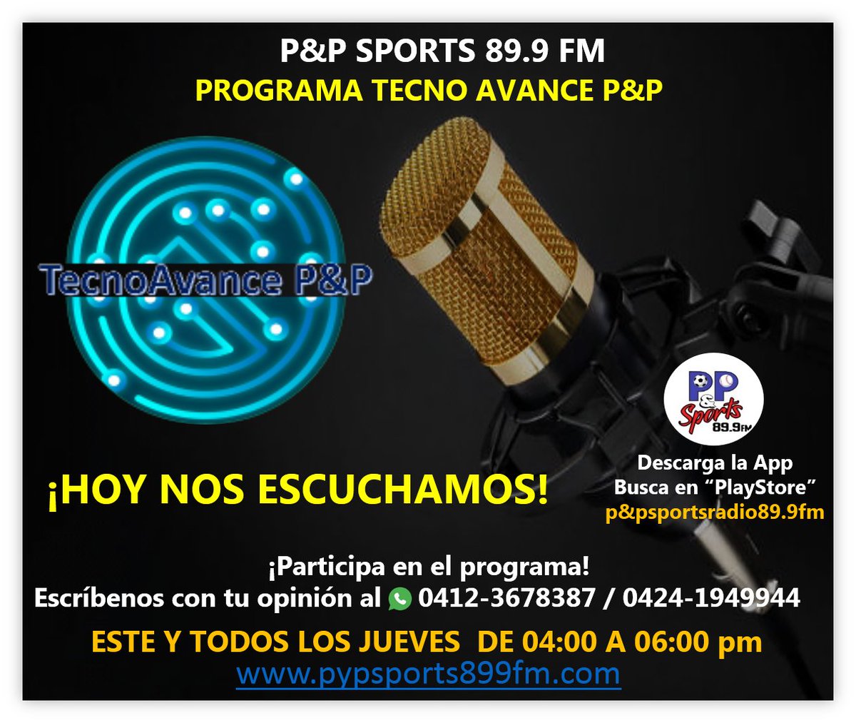 mariotixce's tweet photo. #radio #radiofm #fmradio #programaradial #programaderadio #fm #tecnologia #automotriz #ciencia #viajesalespacio #IA #venezuela #losteques  #vallesdeltuy #caracas #mundo Hoy jueves nos escuchamos por la primera fm deportiva de Venezuela, P&amp;P Sports 89.9fm o @pypradio899fm https://t.co/3ZvjO4BW7k