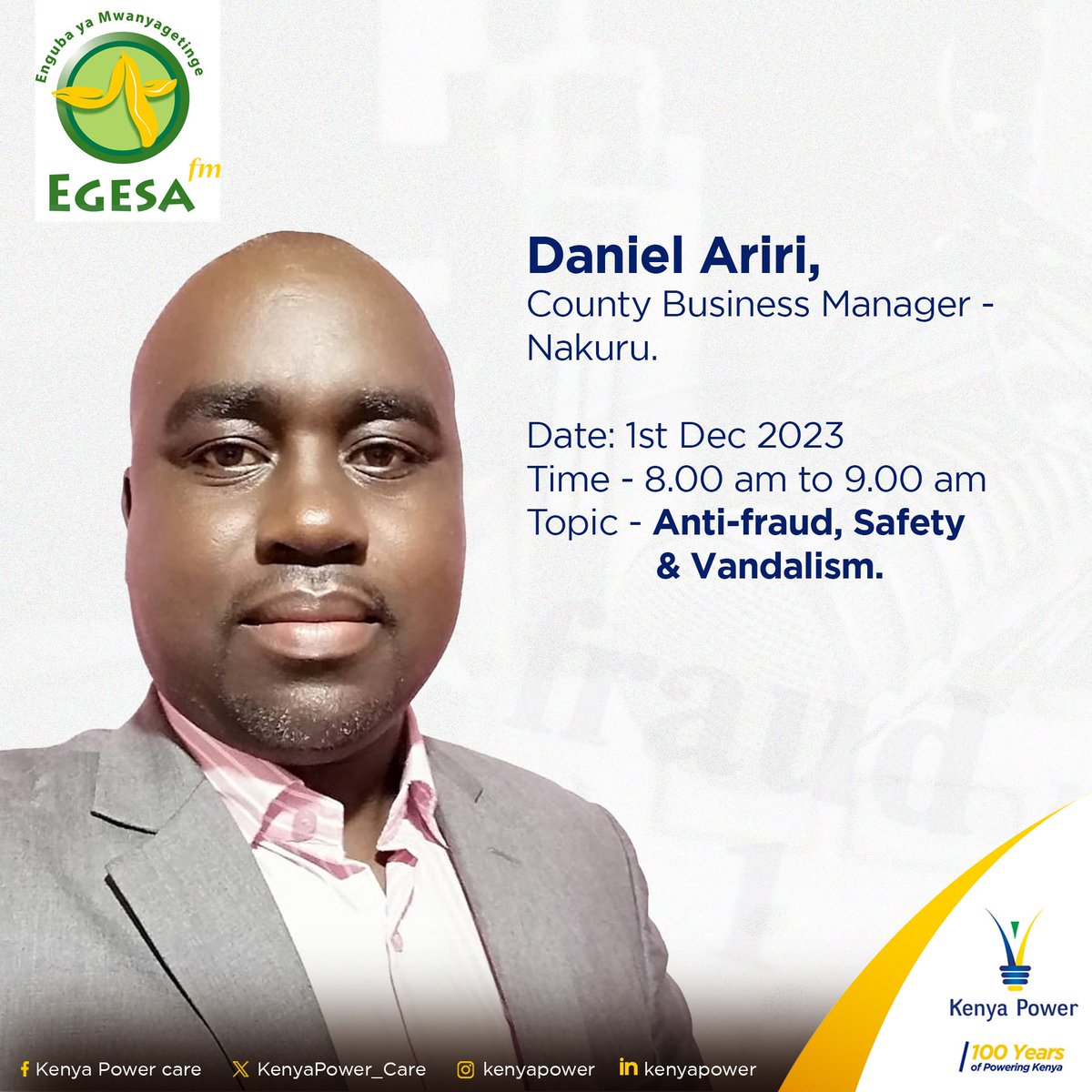 Daniel Ariri, County Business Manager - Nakuru, will be live on Egesa FM’s Boka Boka from 8.00 am, shedding light on Anti-Theft, Anti-Fraud, Anti-Vandalism, and Public Safety efforts. Be sure to tune in! #KaaRada #EpukaNoma ^JC