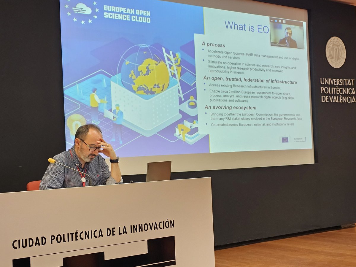 eirgeu's tweet photo. The 3rd session on the ecosystem of #EOSC nodes just started. @EUScienceInnov deputy head of Unit on #ResearchInfrastructures and #OpenScience @dejandv starts with the overall framework and @EU_Commission activities incl. the #EOSC #EUnode procurement. #eirg @eu2023es #eu2023es https://t.co/5b1f6HxErS
