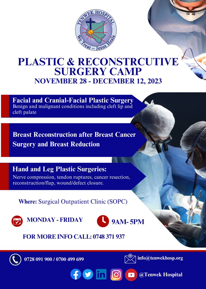 TenwekHospital's tweet photo. Spread the word! Let's make a difference together. If you or someone you know could benefit from these life-changing surgeries, don't miss this opportunity.
For inquiries and appointments, please contact us at 0748371937. Together, let's create more smiles and transform lives! https://t.co/9o1ldvGbYD