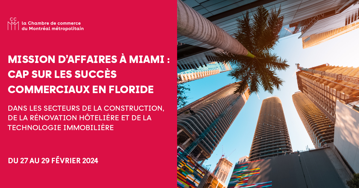 🏗️🌴 Joignez-vous à notre mission d'affaires à Miami du 27 au 29 février 2024! Découvrez des occasions uniques dans la #construction, la #RénovationHôtelière et la technologie immobilière. #Networking
🔗 Inscrivez-vous maintenant : bit.ly/3MWcEON
#missionAcclr#PropTech