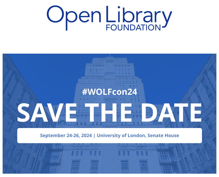Felix 👨💻@hemmefelix@openbiblio.social (@hemmefelix) on Twitter photo Save the date: The next #WOLFcon24 (World Open Library Foundation Conference) will take place in London, September 24-26, 2024. 🐺 <a href="/FOLIO_LSP/">FOLIO-Open Libraries</a> Save the date: The next #WOLFcon24 (World Open Library Foundation Conference) will take place in London, September 24-26, 2024. 🐺 <a href="/FOLIO_LSP/">FOLIO-Open Libraries</a>